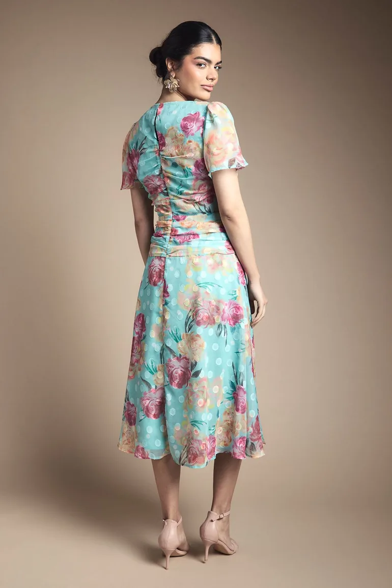 Floral Spot Burn Out Ruched Midi Dress - 2