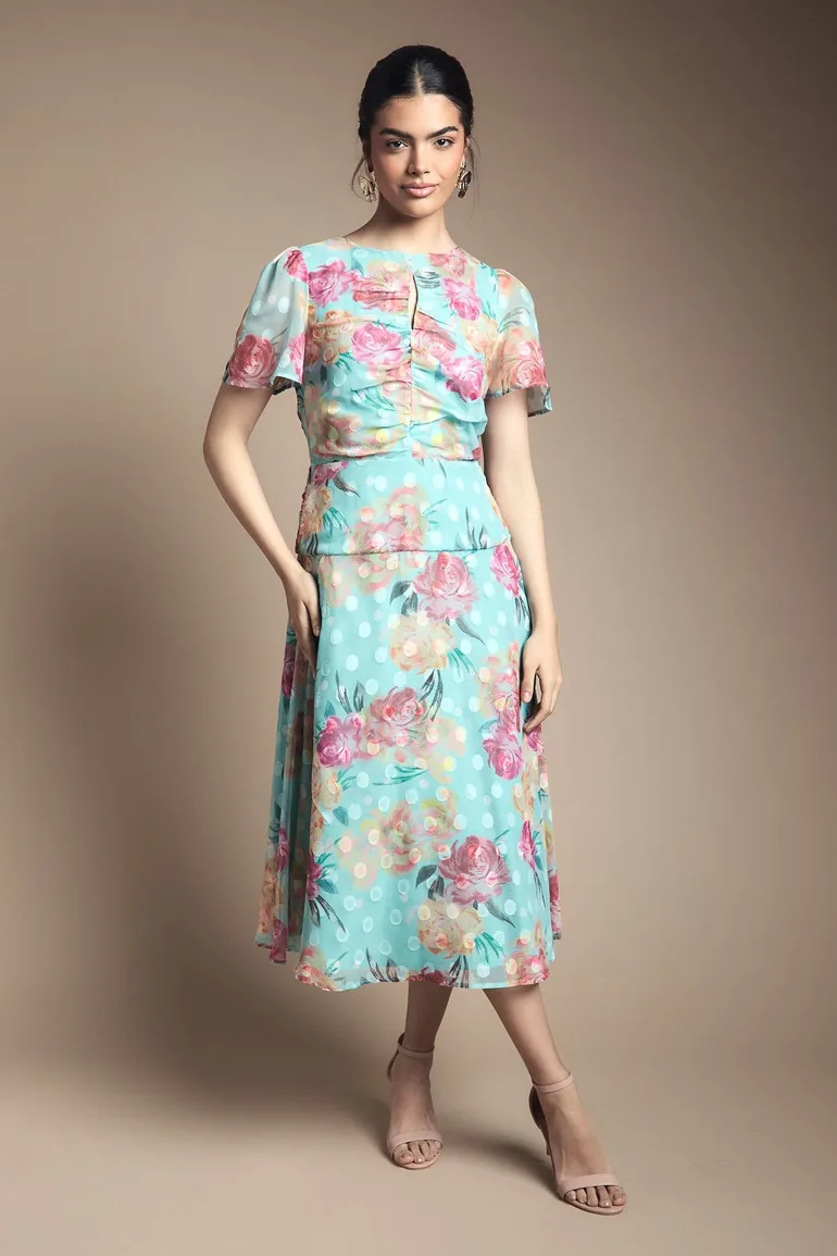 Floral Spot Burn Out Ruched Midi Dress
