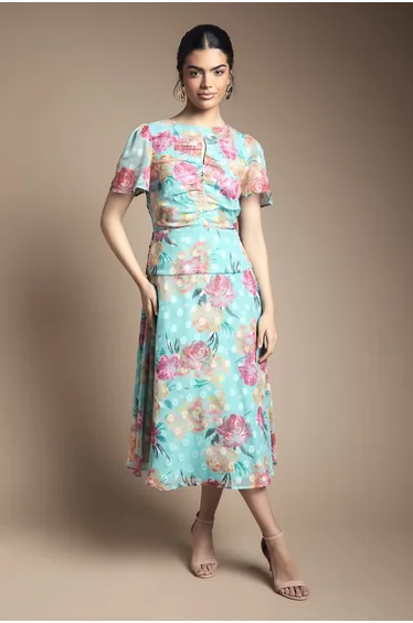 Floral Spot Burn Out Ruched Midi Dress