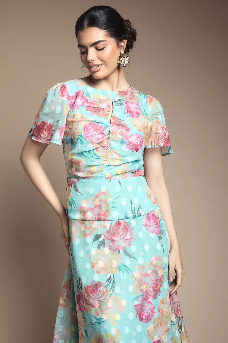 Floral Spot Burn Out Ruched Midi Dress - 3