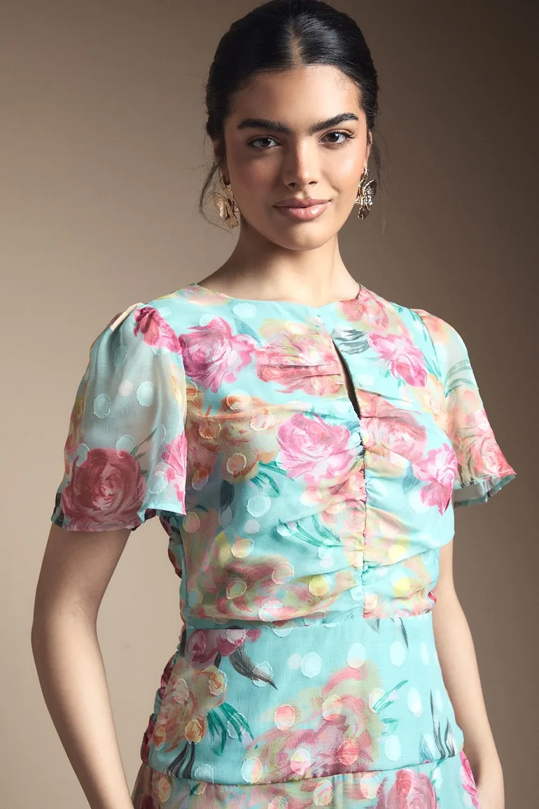 Floral Spot Burn Out Ruched Midi Dress - 1