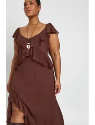 Plus Chiffon Ruffle Hem Angel Sleeve Midaxi Dress - chocolate - 3