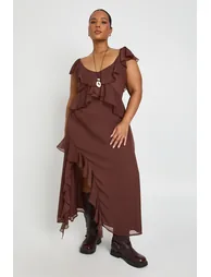 Plus Chiffon Ruffle Hem Angel Sleeve Midaxi Dress - chocolate