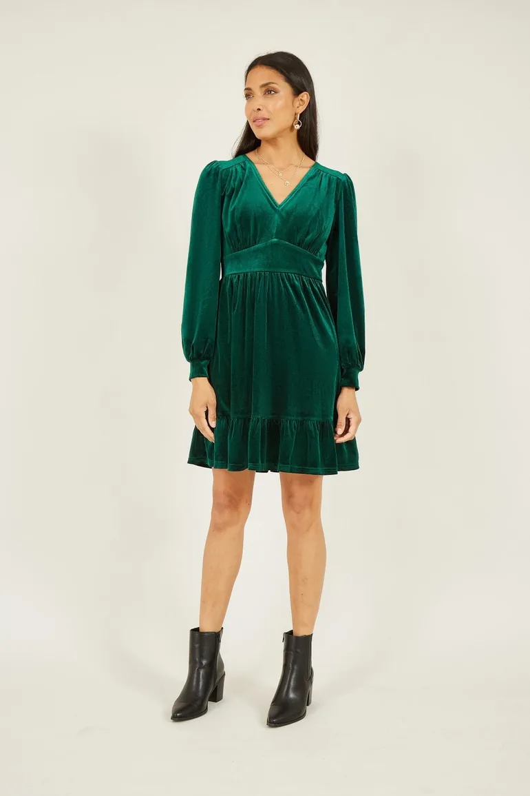 green emerald velvet dress Yumi Green Daisy Mirror Placement Skater Dress With Angel Sleeves – Envy  Boutique main image 1