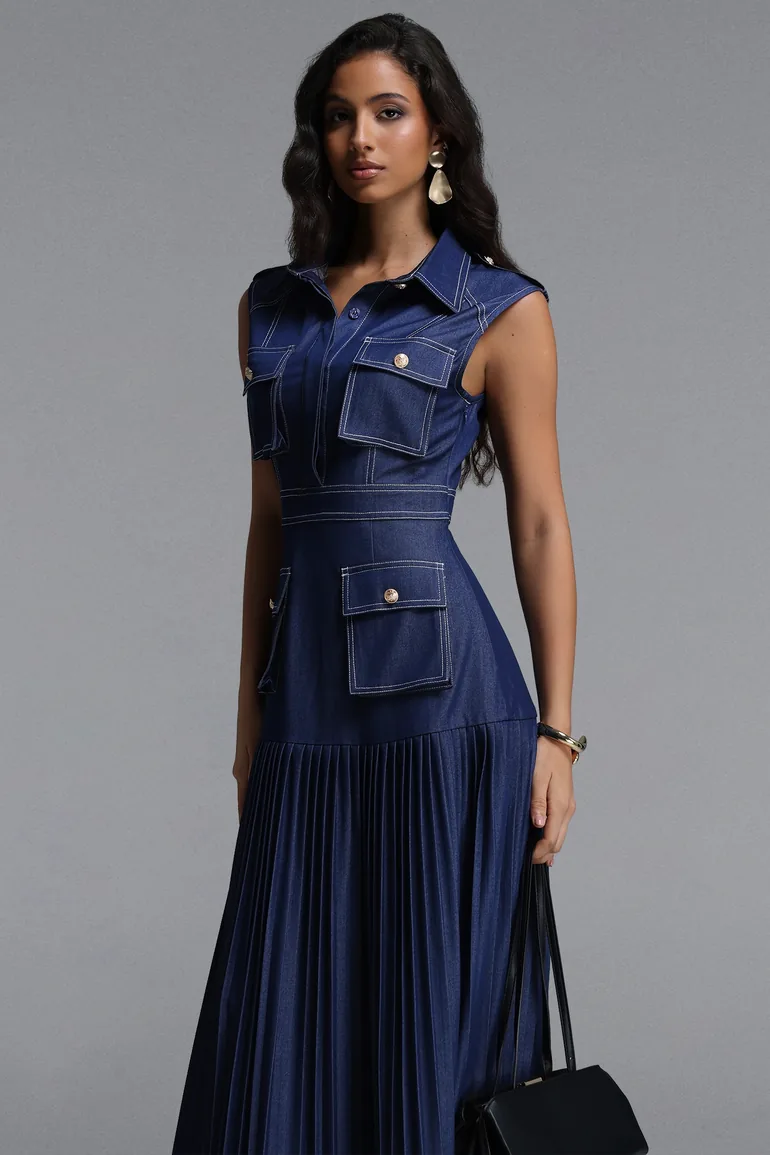 Jouy Elegant Tailored Sleeveless Pleated Denim Maxi Dress - 3
