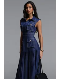 Jouy Elegant Tailored Sleeveless Pleated Denim Maxi Dress - 3