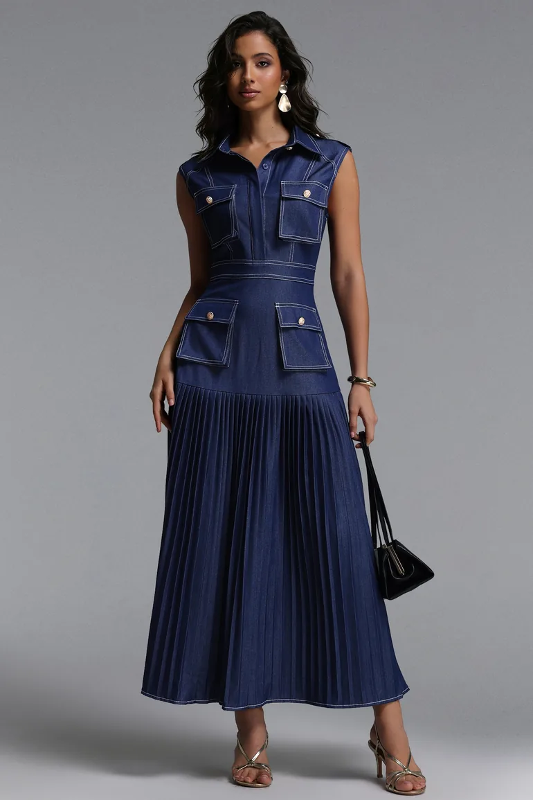 Jouy Elegant Tailored Sleeveless Pleated Denim Maxi Dress - 1