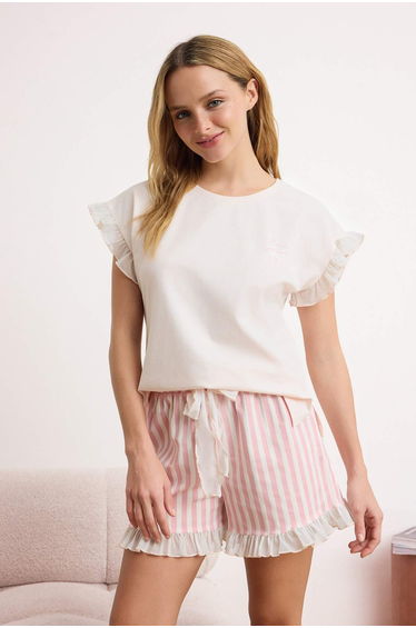 Powder Striped Ruffle Detailed Lycra Soft Tuşe Knitted Pajamas Set