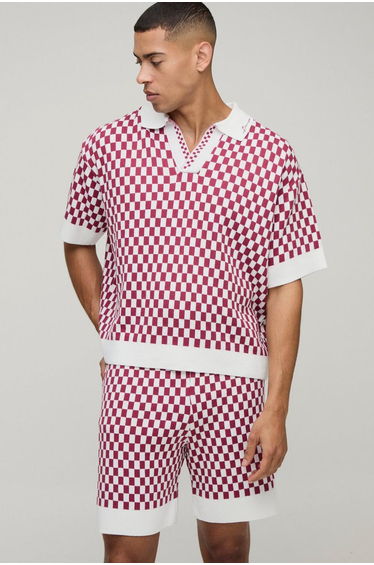 MAN Oversized Boxy Jacquard Check Knitted Polo & Relaxed Short Set - pink