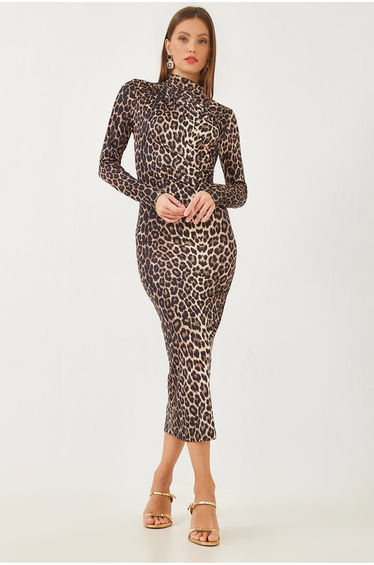 Women's Leopard Patterned Draped Madi Length Dress
