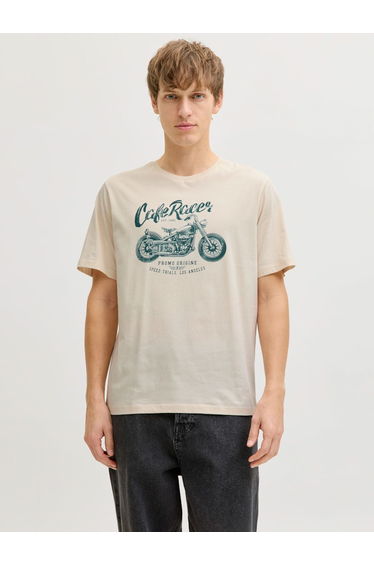 Beige Cafe Racer Graphic Cotton T-Shirt