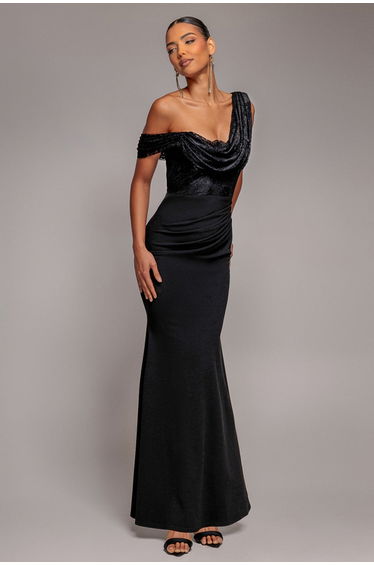 Lace Cowl One Shoulder Scuba Crepe Maxi Dress - Black by Goddiva