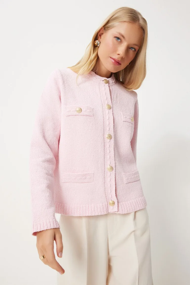 Women's Pink Stylish Buttoned Textured Knitwear Cardigan - 2