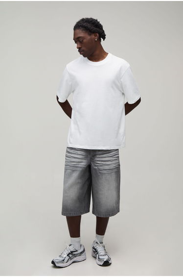 Longline Rigid Washed Denim Jorts - greywash