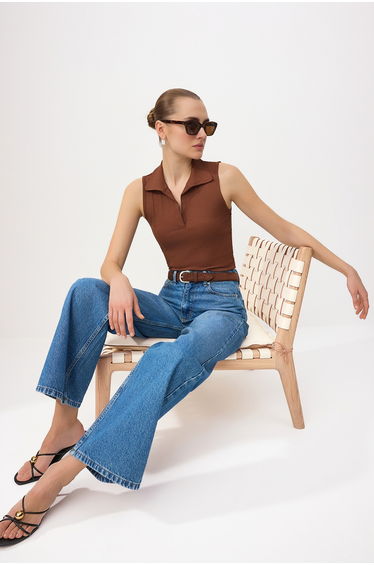 Brown Fitted/Bodycon Polo Neck Crop Stretchy Knitted Blouse