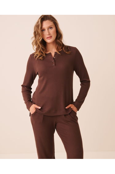 Ribbed Knit Long Sleeve Henley Shirt