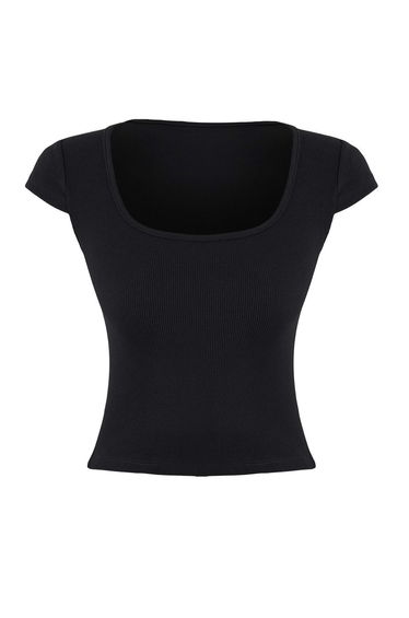 Black Slim Square Neck Short Sleeve Crop Corded Fabric Stretchy Knitted Blouse