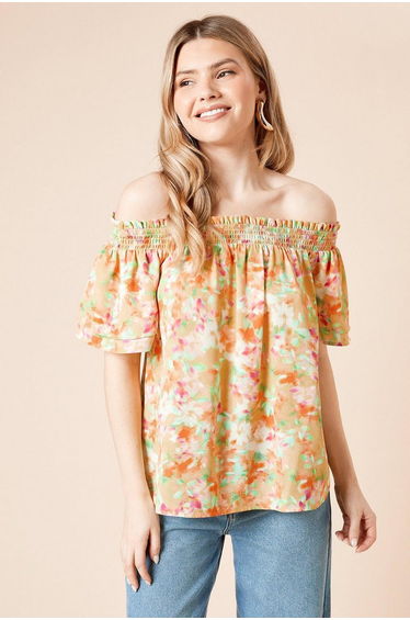 Floral Bardot Double Frill Sleeve Top