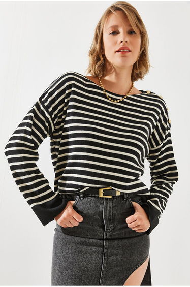 Women's Striped Shoulder Buttoned Sweater