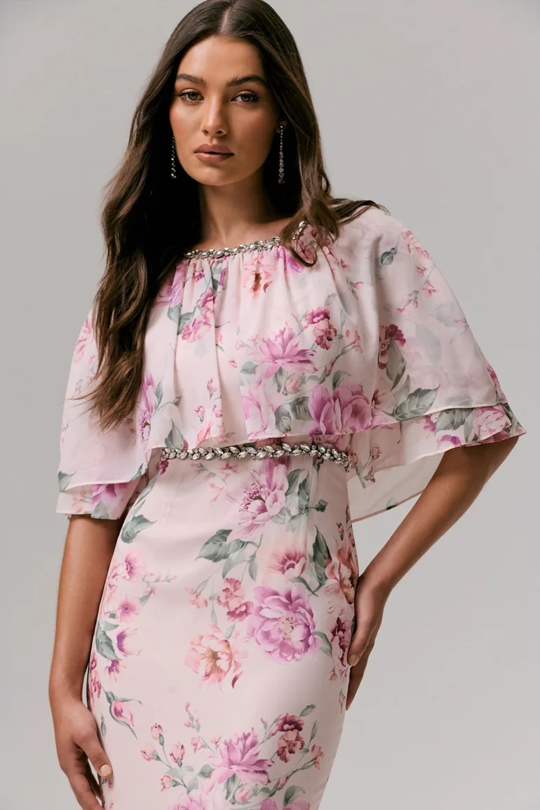 Never Let Go | Pink Floral Print Chiffon Maxi Dress With Tiered Hem - 5