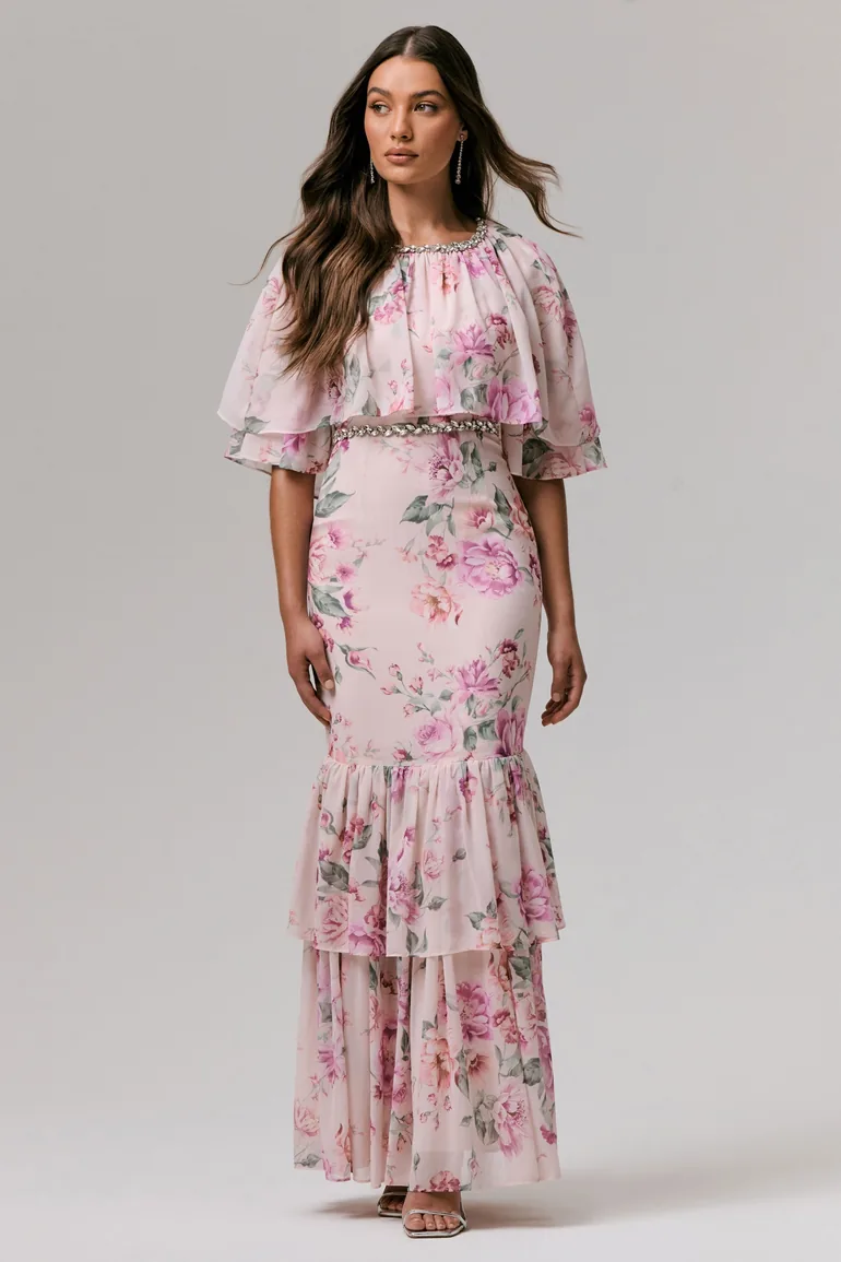 Never Let Go | Pink Floral Print Chiffon Maxi Dress With Tiered Hem - 3