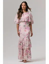 Never Let Go | Pink Floral Print Chiffon Maxi Dress With Tiered Hem - 3