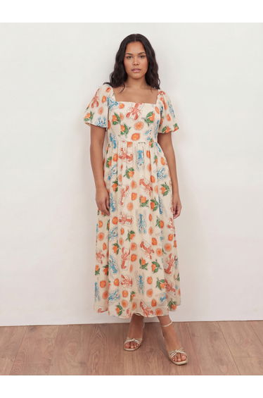 Lovedrobe Lobster & Citrus Print Short Sleeve Tie Back Midaxi Dress