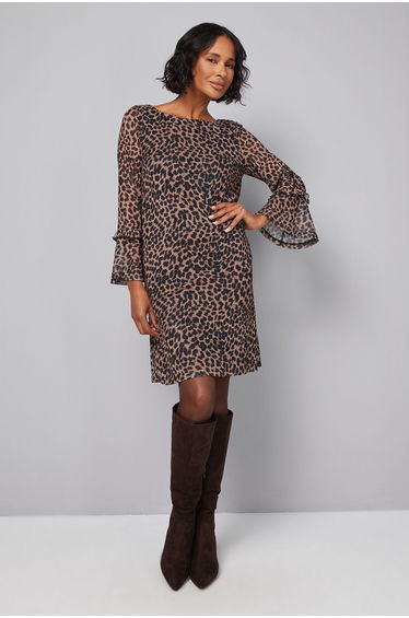 Leopard Mesh Ruffle Sleeve Shift Dress
