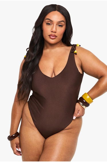 Plus Bead Charm Backless Swimsuit - chocolate