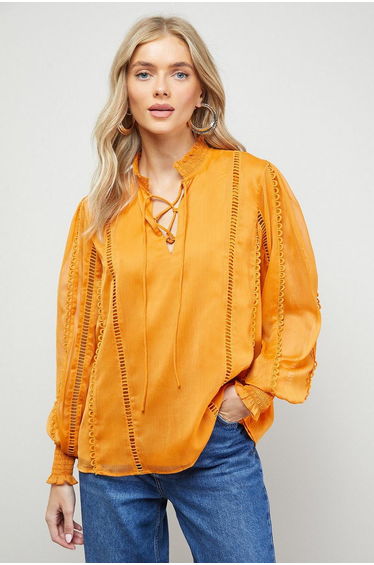 Plain Tie Neck Ruffle Detail Chiffon Blouse