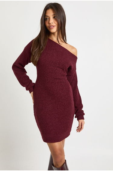 Textured Asymmetric Slouchy Mini Dress - burgundy