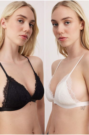 Black-White 2-Piece Lace Rope Strap Unfilled Ununderwire Covered Triangle Knitted Bra Thmss24Su00016