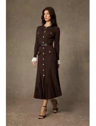 فستان ميدي بكشكش بحواف مغايرة - بني - 3