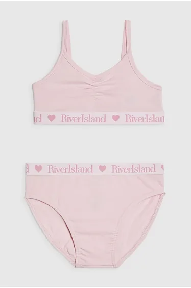 Girls Pink Ruched Crop Top And Brief Set