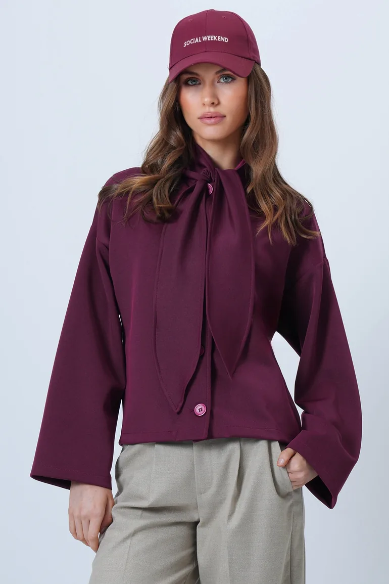 Women's Plum Scarf Detailed Buttoned Jacket - 3