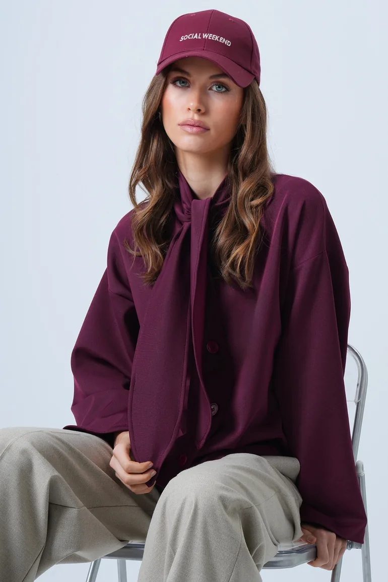 Women's Plum Scarf Detailed Buttoned Jacket - 4