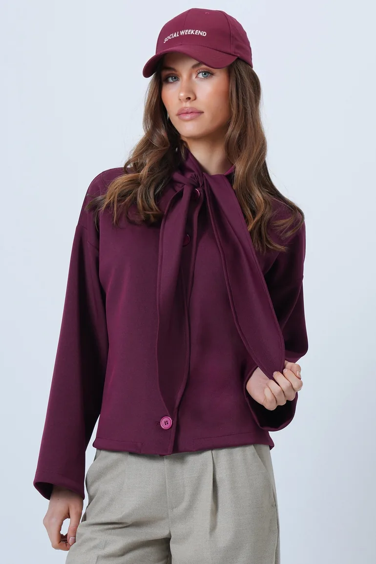 Women's Plum Scarf Detailed Buttoned Jacket - 2