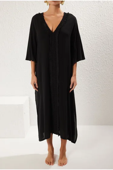 Black*001 Plain Regular Maxi Woven 100% Viscose Dress