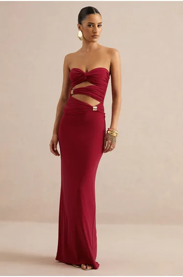 Mireia | Red Bandeau-Neck Maxi Dress With Body Cut-Out And Gold Details