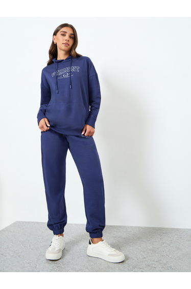 Women Navy Blue Hoodie and Wide Leg Pants Co-Ords