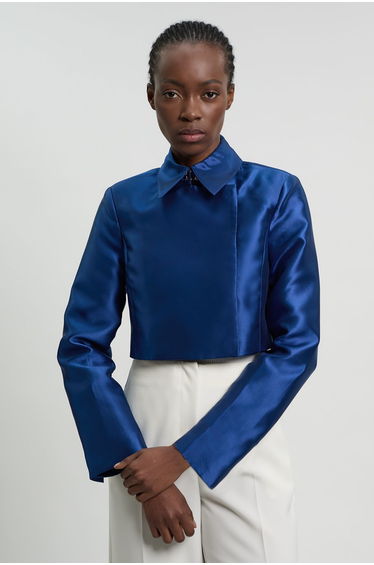 Forever Satin Twill Cropped Wrap Tailored Jacket