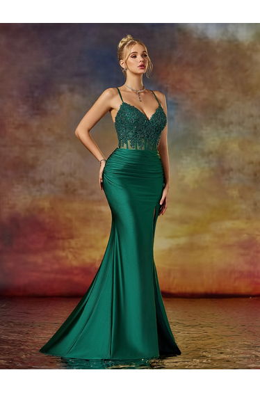 Modecrush Column Spaghetti V Neck Lace Applique Evening Dress