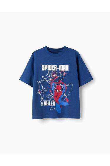 Cotton T-Shirt With Spider-Man Front Print For Boys, Blue