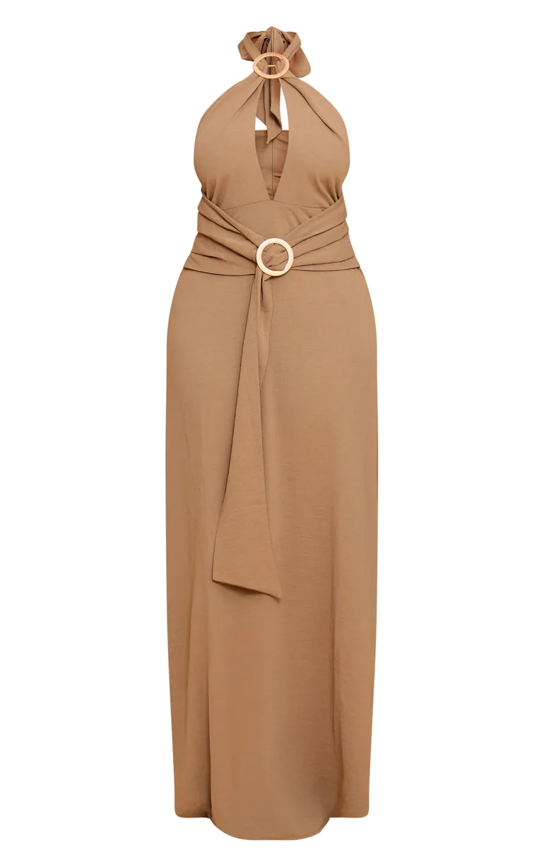 Shape Khaki Hammered Satin Ring Detail Halter Maxi Dress Prettylittlething  Beige : Evening Dresses : VogaCloset Oman