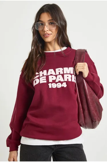 Charme De Paris Puff Printed Crew Neck Sweatshirt - burgundy
