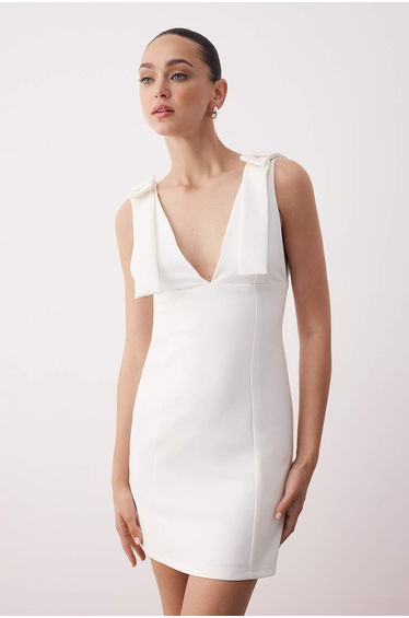 Ecru Body-Smoothing Mini Woven Dress with Chest and Sleeve Details