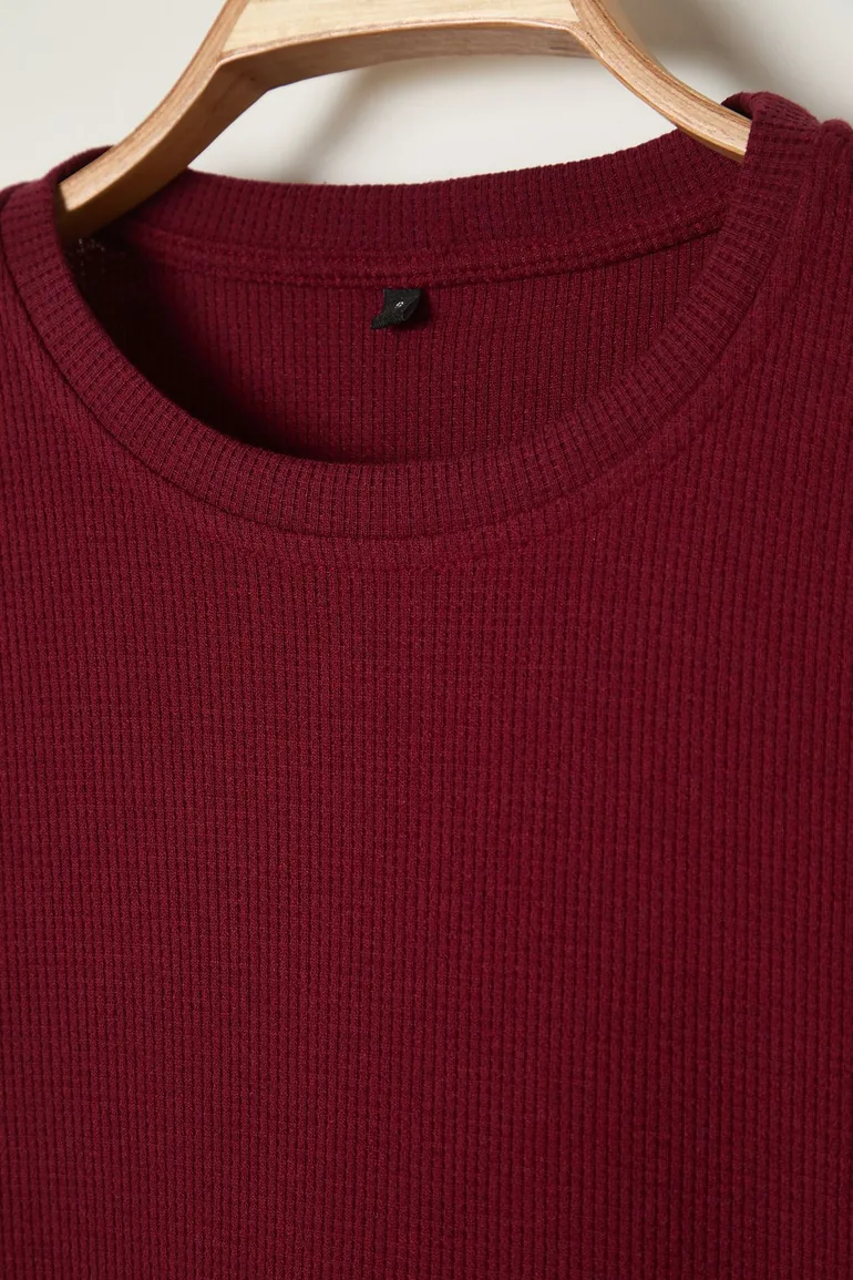 Basic Claret Red Oversize/Wide Textured Cut Waffle Short Sleeve T-Shirt - 7