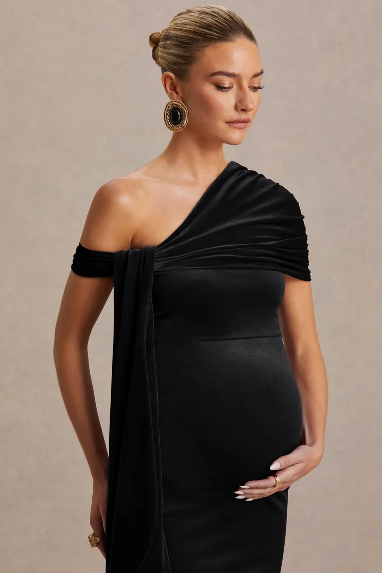 Zena | Black Velvet Asymmetric-Neck Maternity Midi Dress With Knot And Sash Detail - 4