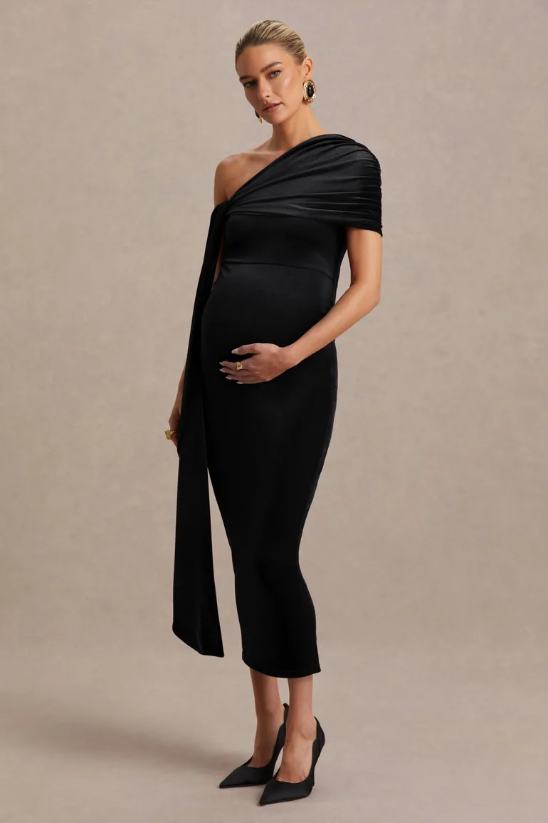 Zena | Black Velvet Asymmetric-Neck Maternity Midi Dress With Knot And Sash Detail - 3