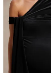 Zena | Black Velvet Asymmetric-Neck Maternity Midi Dress With Knot And Sash Detail - 2